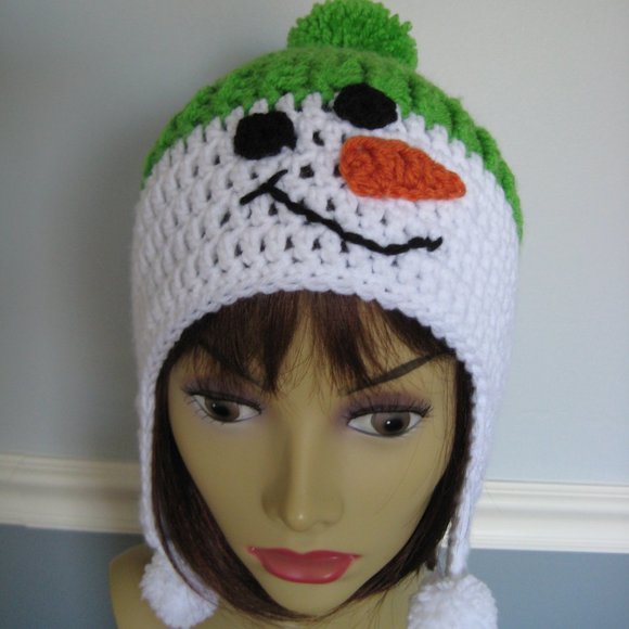 Let it Snow Beanie - Lime Green Unisex Teen / Adult Hand Knit Snowman Hat - SALE - Picture 7 of 7